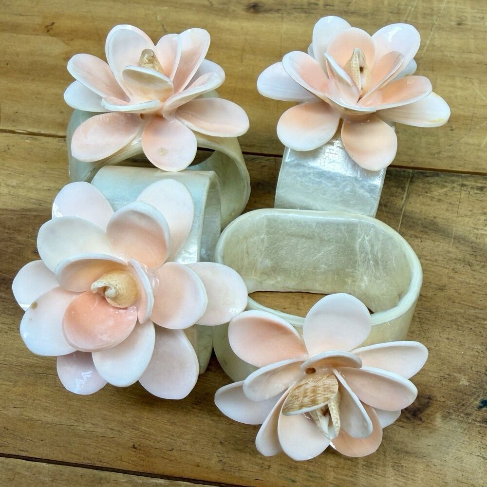 Vintage Capiz Shell Flower Napkin Ring Holders Set 4 Coastal Tropical Decor